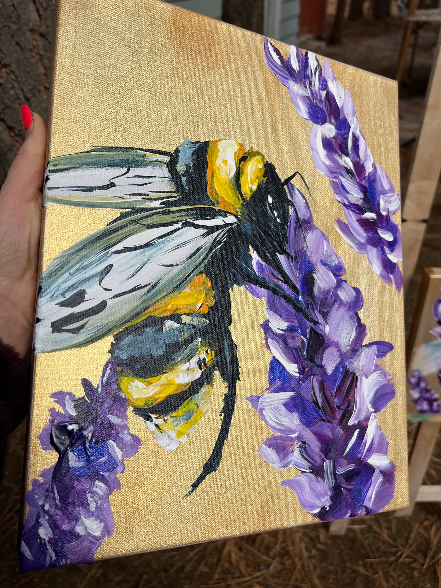 Nectar Delight, small lavender bees 12x12”