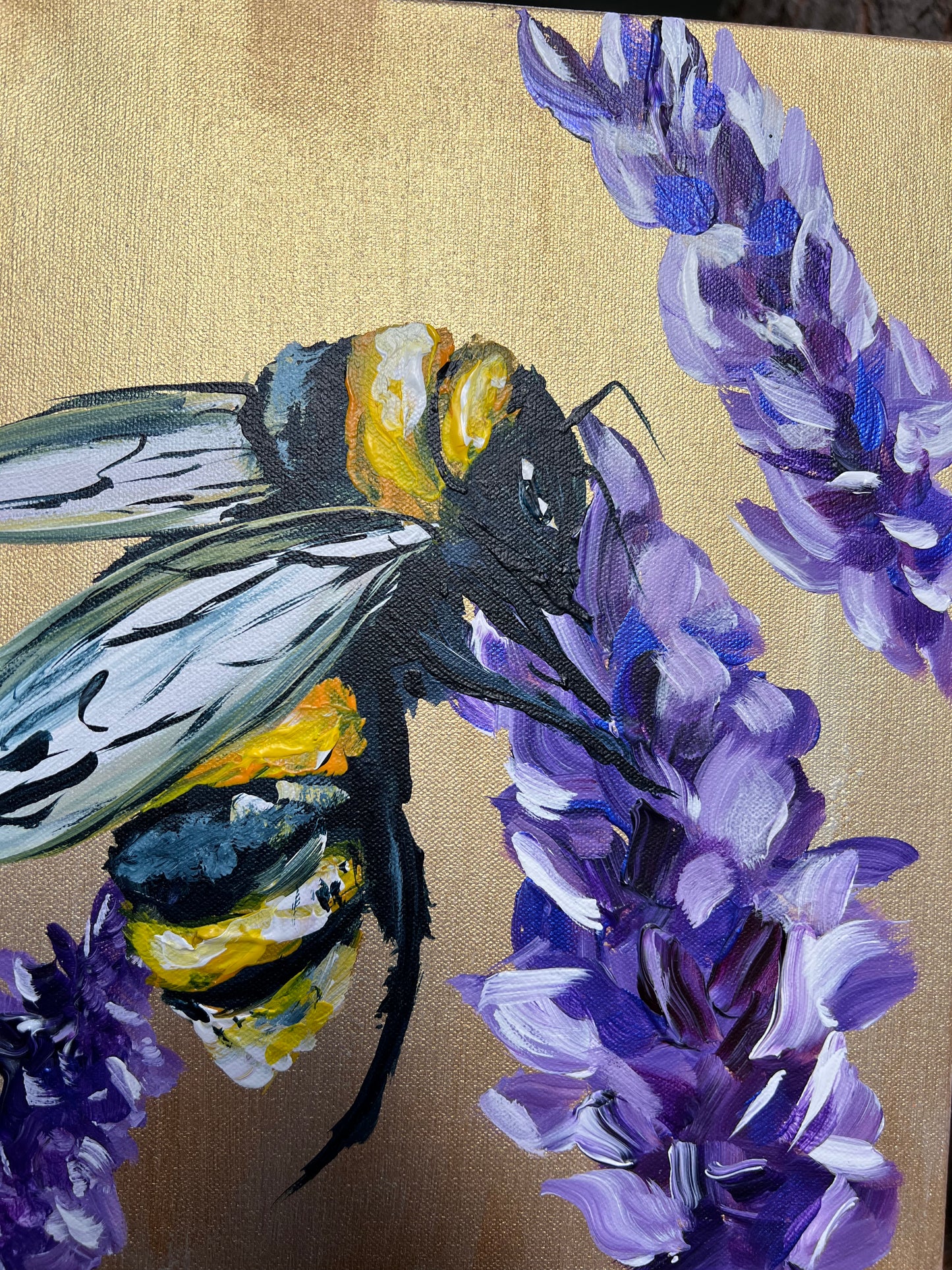 Nectar Delight, small lavender bees 12x12”