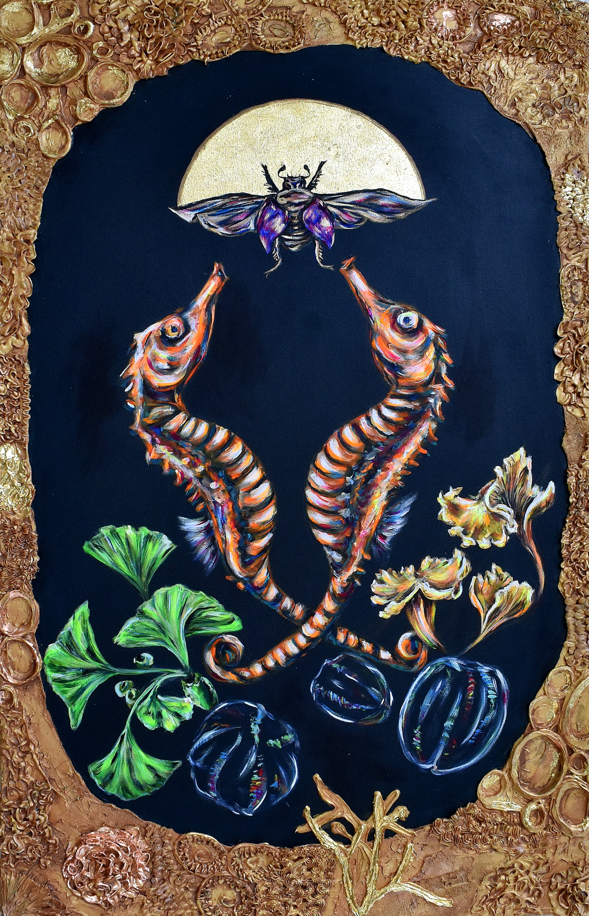 Decorative artwork with seahorses, a butterfly, and plants on a dark background.